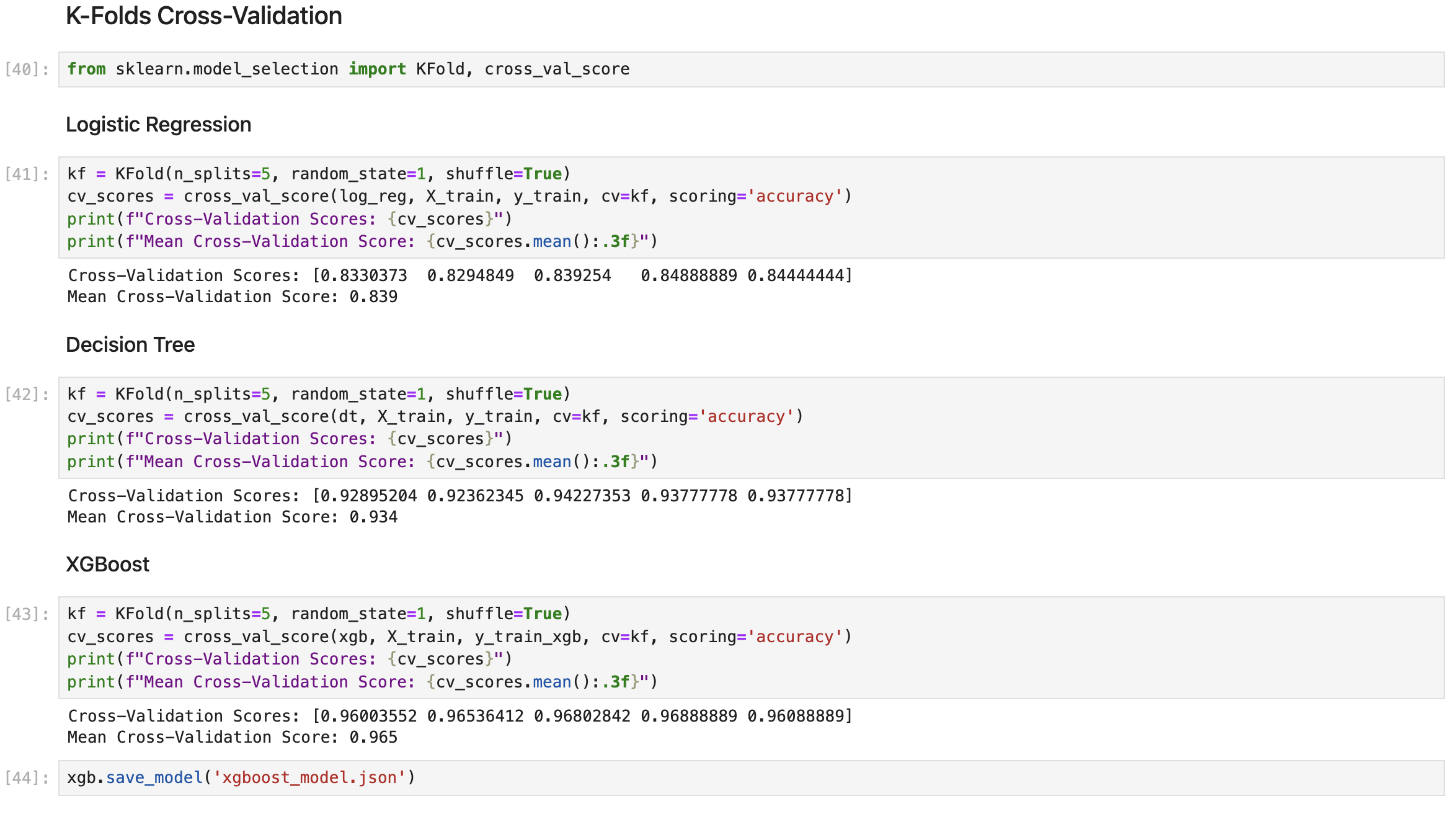 Snapshot of K-Folds Cross Validation Results for the trained models